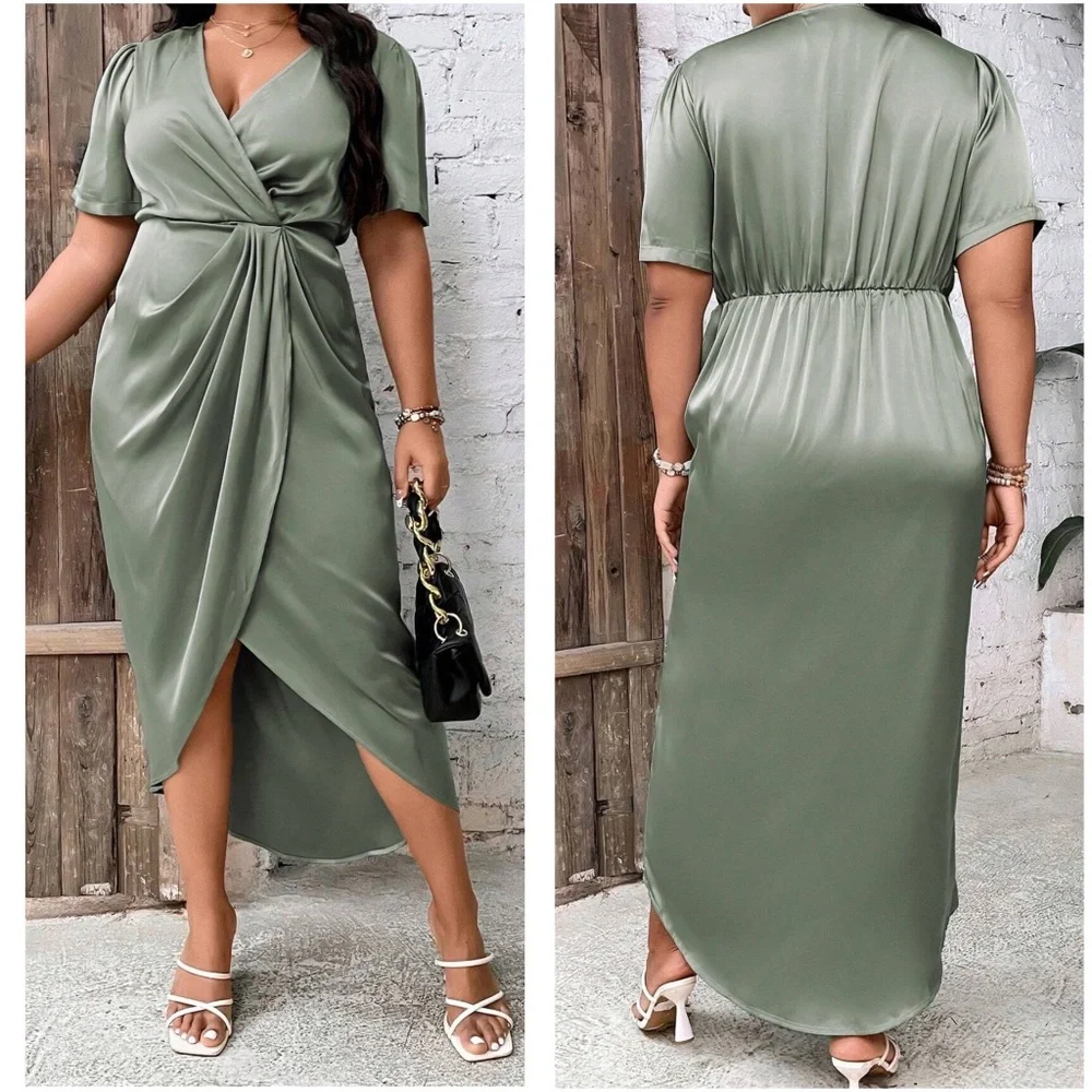 Luxe Satin Surplice Short Sleeve Evening Party Dress - Picture 8 of 9